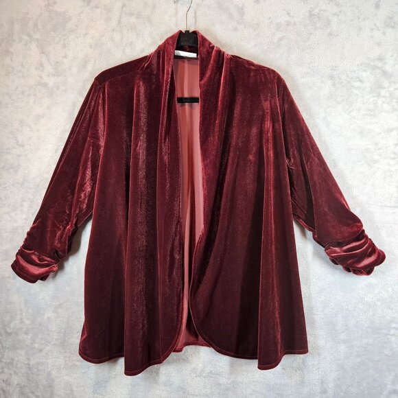 Susan Graver Luxe Burgundy Velvet Women's M Open  Jacket Ruched Sleeves formal - Picture 1 of 9